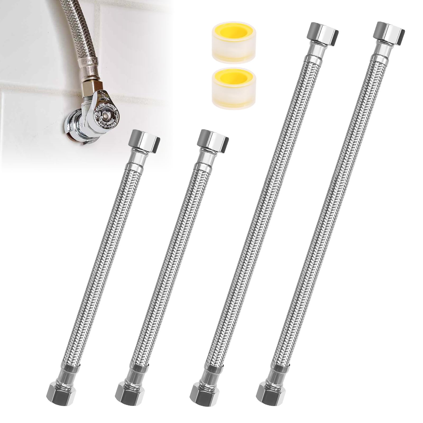 Tubo flessibile 3/8, 4 pezzi, tubo corazzato da 3/8 pollici, filettatura interna dell'acqua, prolunga 30 cm, 20 cm, tubo flessibile in acciaio inox, per rubinetto, bagno e WC