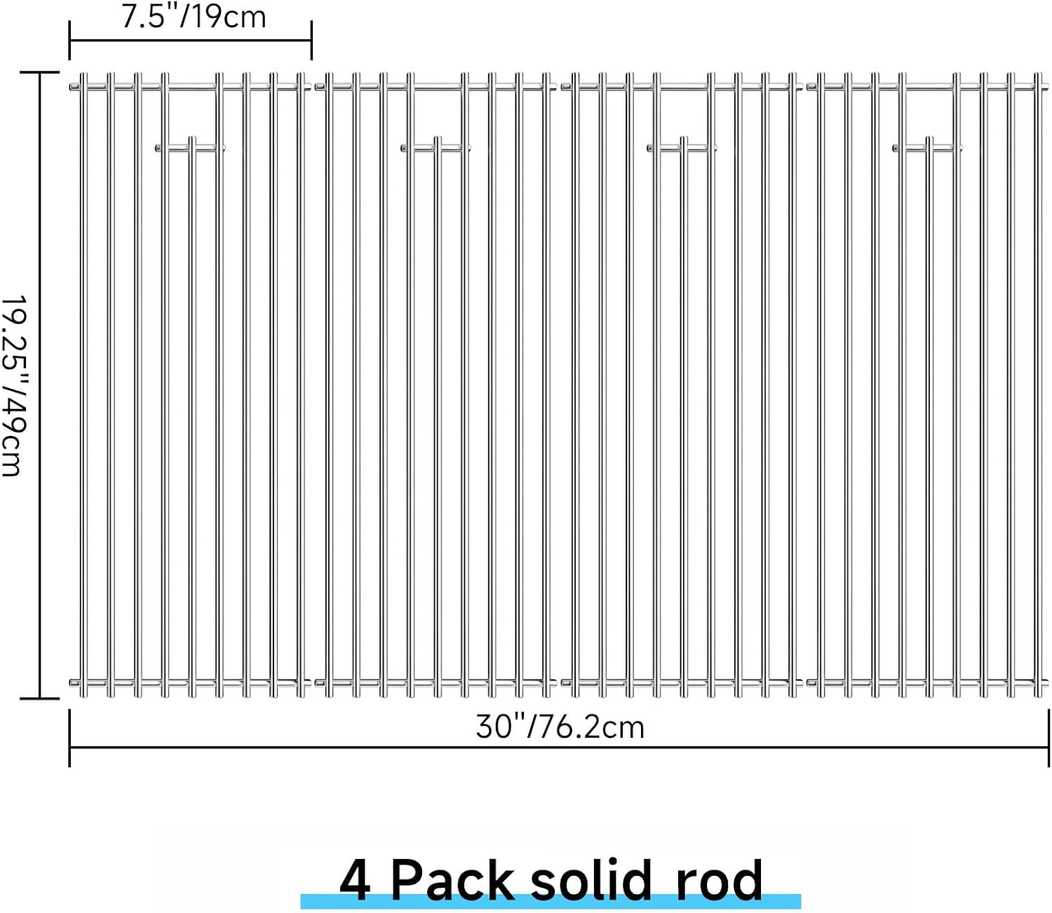 4Pack 7.5" x 19.25" Stainless Steel BBQ Grill Grates Replacement Parts for 16517 Bull BBQ Angus, Brahma, Lonstar Select, Outlaw Steer Premium, Lonestar Select 7 Burner
