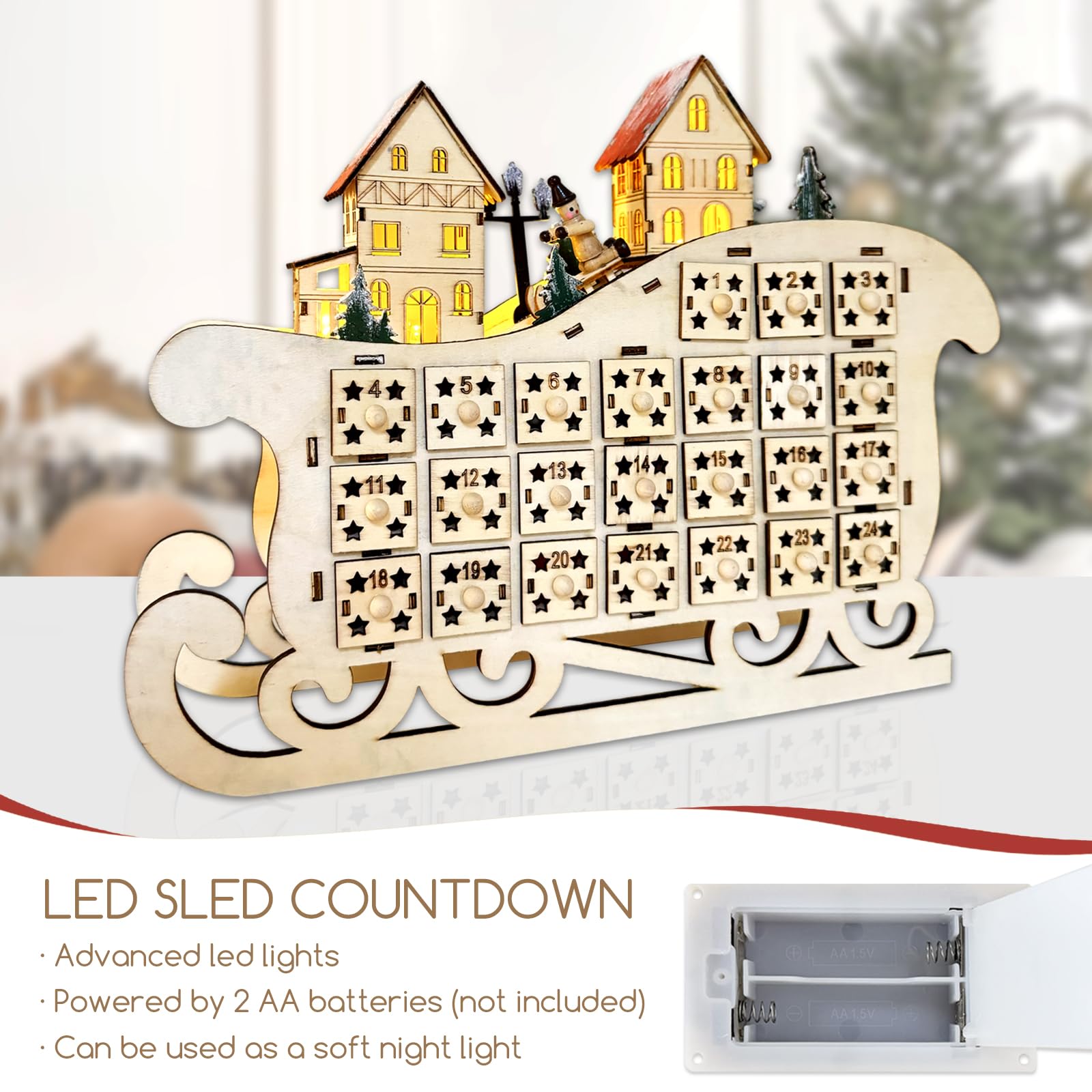 Irieiply Calendario de Adviento de madera con trineo de Navidad con 24 cajones, decoración LED, cabina y árbol de Navidad, calendario de Adviento vacío cuenta regresiva para Navidad para niños