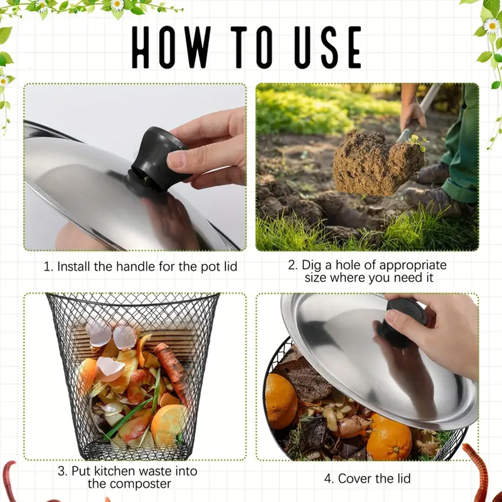 Compostador de gusanos subterráneo con tapa, paquete de 6 cajas de lombrices, sistema de compostaje rápido para residuos de jardín, contenedor de abono al aire libre para jardín, patio, solución de