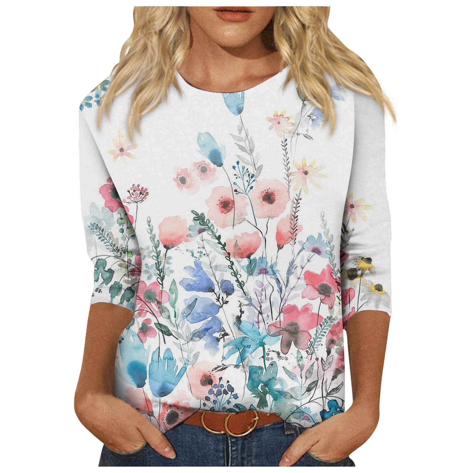 HUANKD Women's Tops Long Sleeve Summer Blouses, Three Quarter Crewneck Casual Printed Blouses Tops, S-2XL
