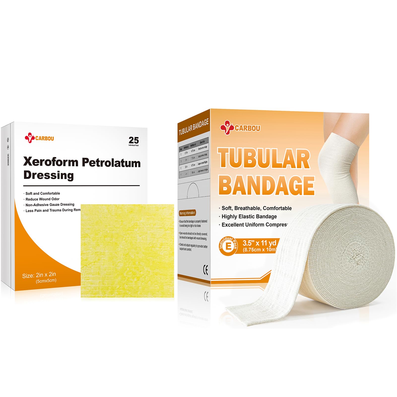 Carbou Medical Xeroform Petrolatum Dressing 2"x2" (Pack of 25)+Elasticated Tubular Support Bandage 3.5" x 11 yd (Size E)