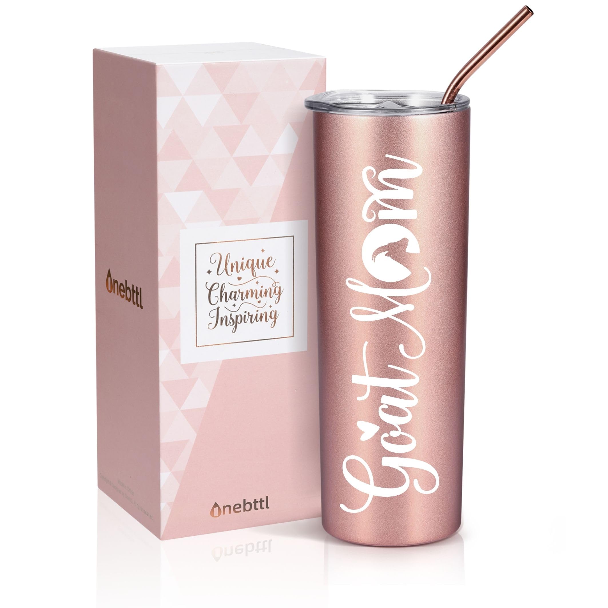 OnebttlGoat Gifts for Goat lovers, Farm Gifts for Women, 20 oz Insulated Skinny Tumbler - Goat Mom, Rose Gold