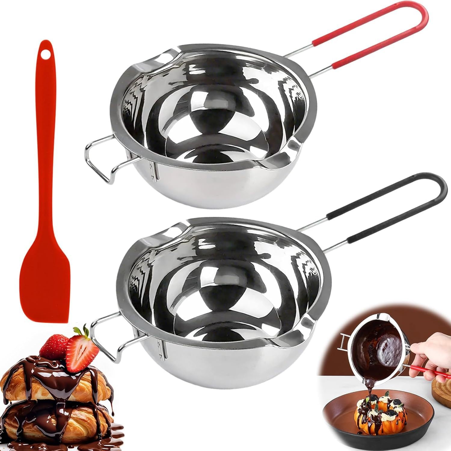 2 Stück Wasserbad Schmelzschale,480 ml Schmelztopf mit Silikon Spatel,Edelstahl Schmelzschüssel mit Hitzebeständigem Griff für Schmelzen von Schokolade Zucker Butter Käse Karamell Kerzen(A,2PCS)