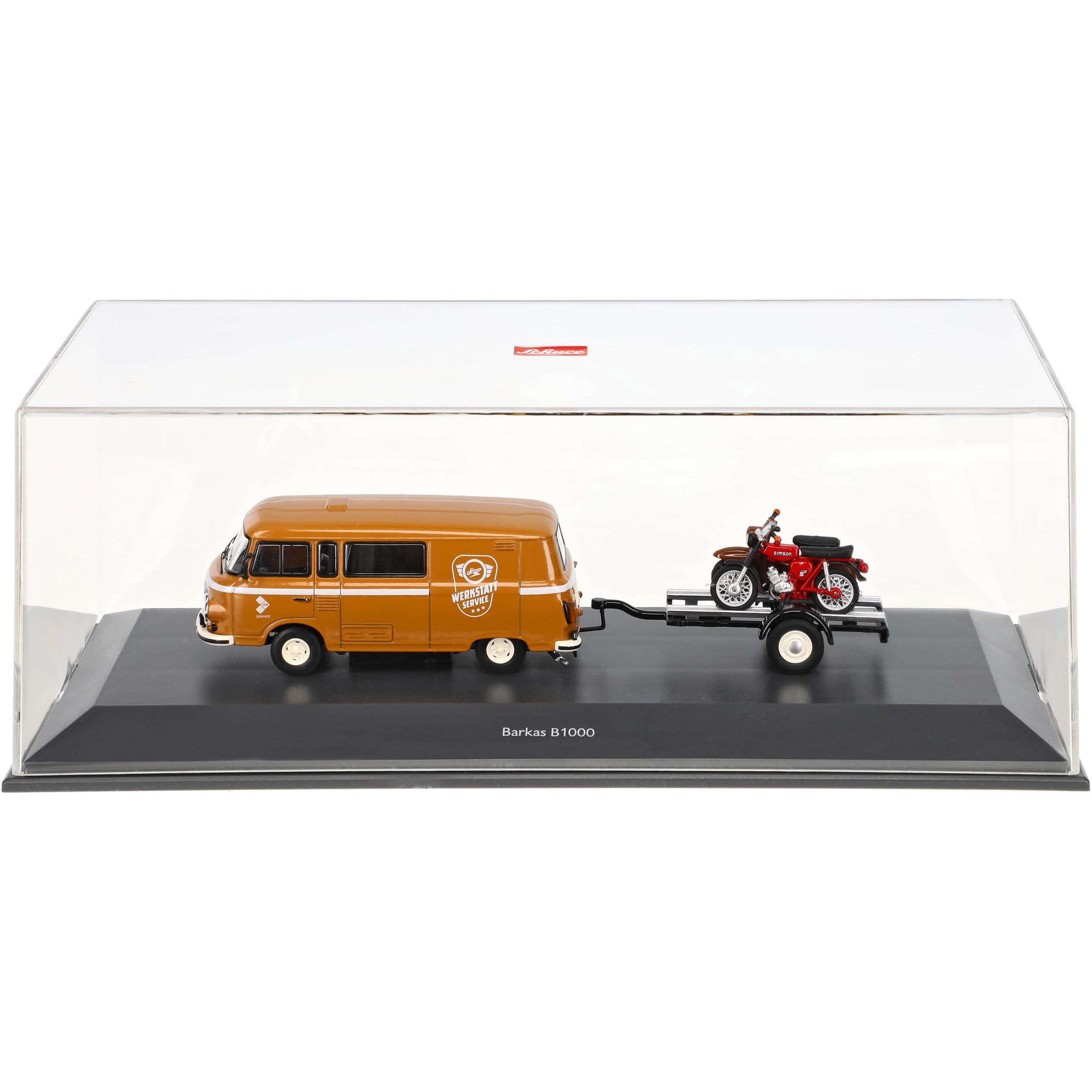 Barkas B1000 Transporter Braun Werkstatt Service mit Anhänger und 2X Simson DDR 1961-1990 1/43 Schuco Modell Auto mit individiuellem Wunschkennzeichen