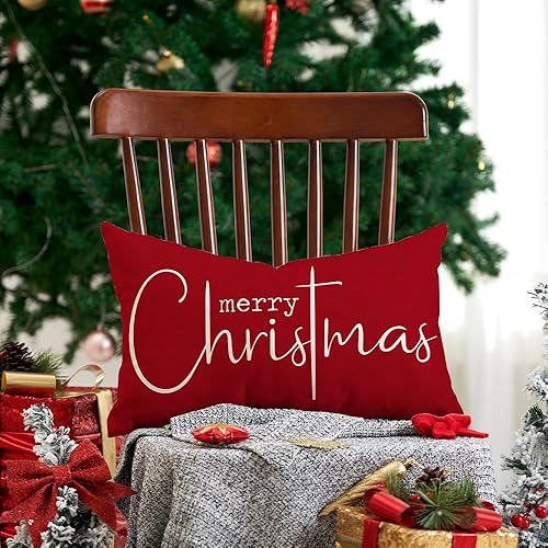 Miniatura 4 de Fundas de almohada navideñas con texto en inglés Merry Christmas, decorativas, de tela de algodón, color rojo, de lino, funda de almohada para sofá,