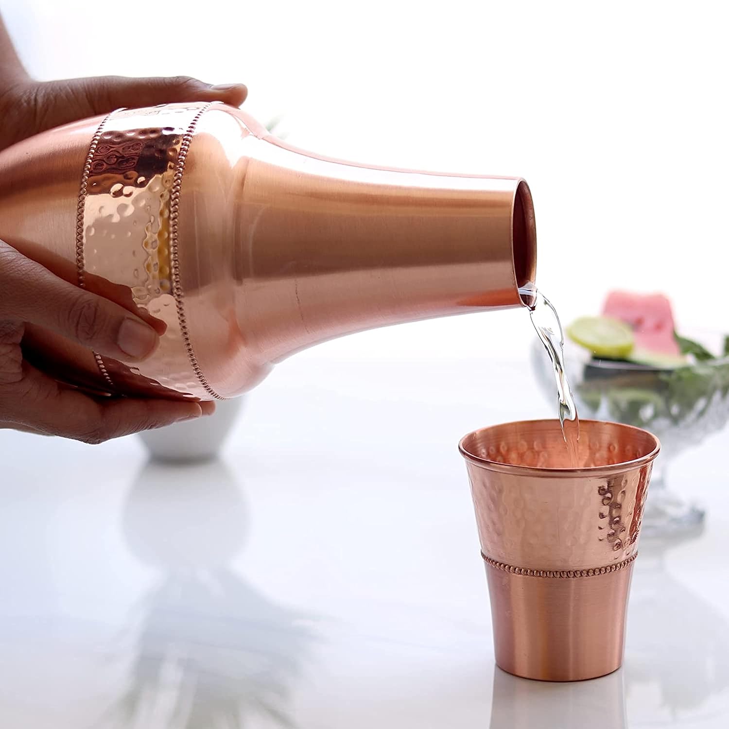 Pure Copper Water Carafe with Tumbler – 1.4L (47.3 oz) Bedside Copper Flask for Drinking Water, Ayurveda Health Benefits