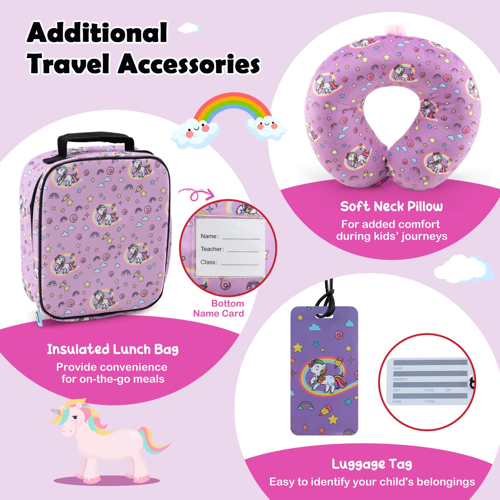 SOARS Maleta Infantil de 5 Piezas, Maleta Viaje con Mochila, Cojín Cervical, Bolsa de Almuerzo y Etiqueta de Equipaje, Equipaje Infantil con Ruedas y Asa Telescópica, para niños y niñas (Unicornio)