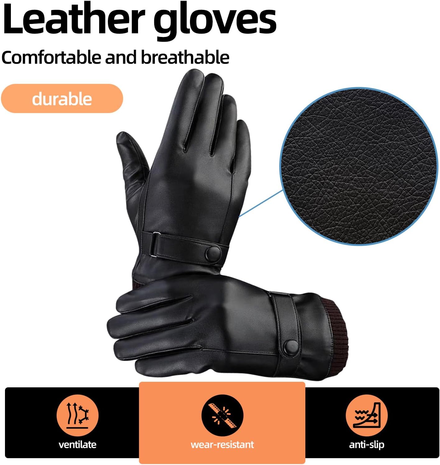 Men's Black Leather Winter Gloves, Adjustable Size, Touch Screen Compatible, Non-Slip Palm, Cashmere Lining - Image 5