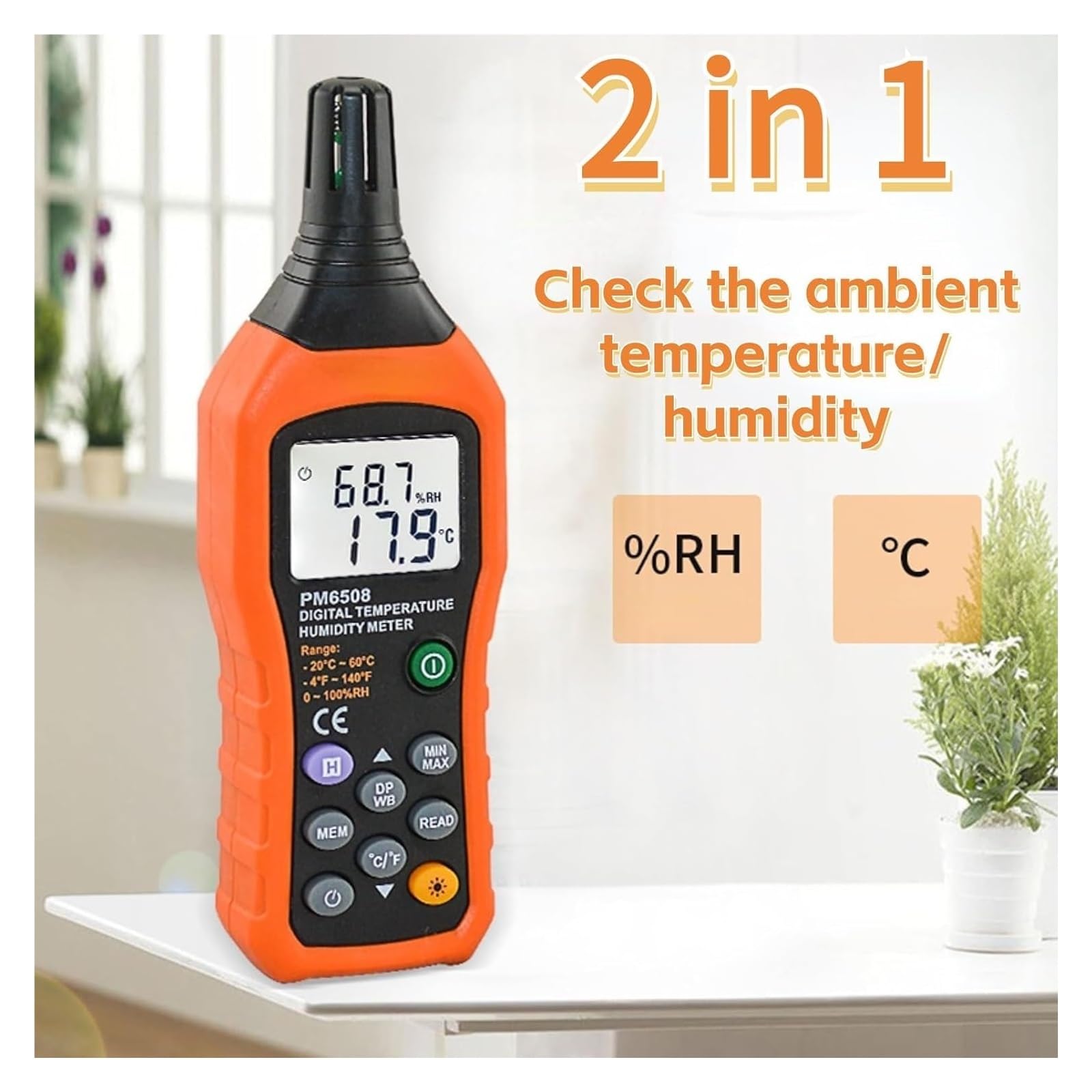 Medidor de temperatura y humedad PM6508, termómetro e higrómetro digital con temperatura ambiente, punto de rocío y bulbo húmedo for interiores y exteriores.