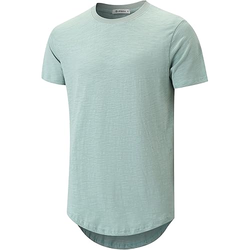 KLIEGOU Men's Slub Cotton Longline T-Shirt | 100% Textured Cotton Tee | Curved Hem | Crew Neck Casual Shirt | Pre-Shrunk