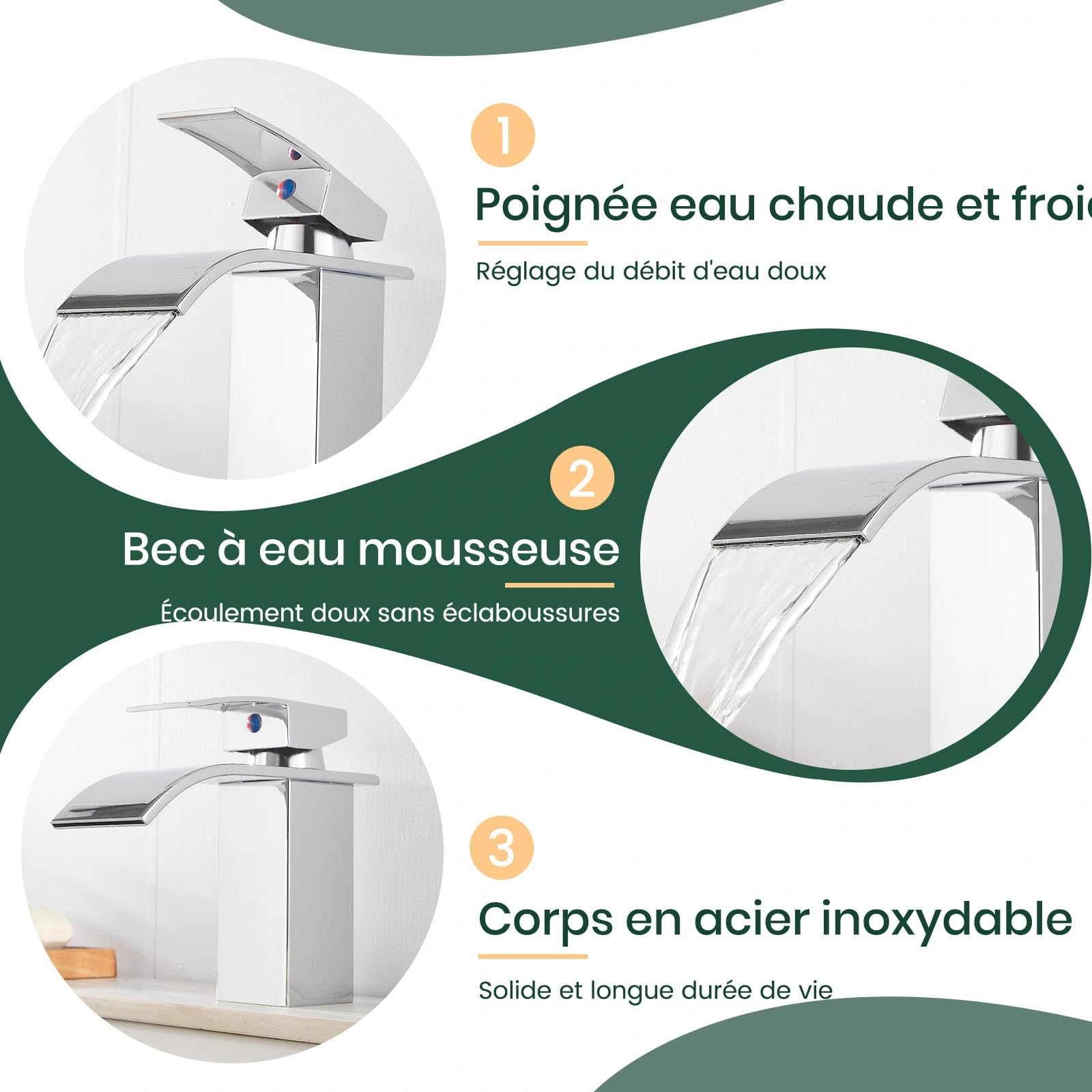 Robinet de salle de bain avec jeu d'échappement, mitigeur en cascade pour lavabo, monocommande pour salle de bain avec tuyau de raccordement G3/8 pour WC des invités (hauteur de drain 80 mm