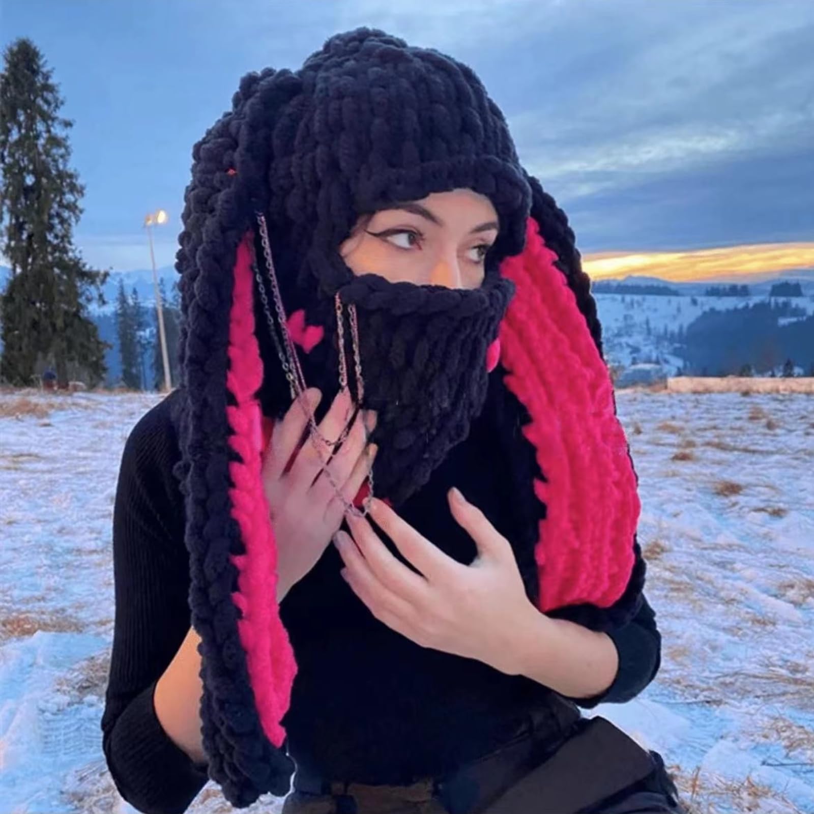 BILIPOPX Cute Balaclava Y2K Knitted Skiing Snowboarding Mask Grunge Beanies Kawaii Long Rabbit Ear Warm Hat for Men Women