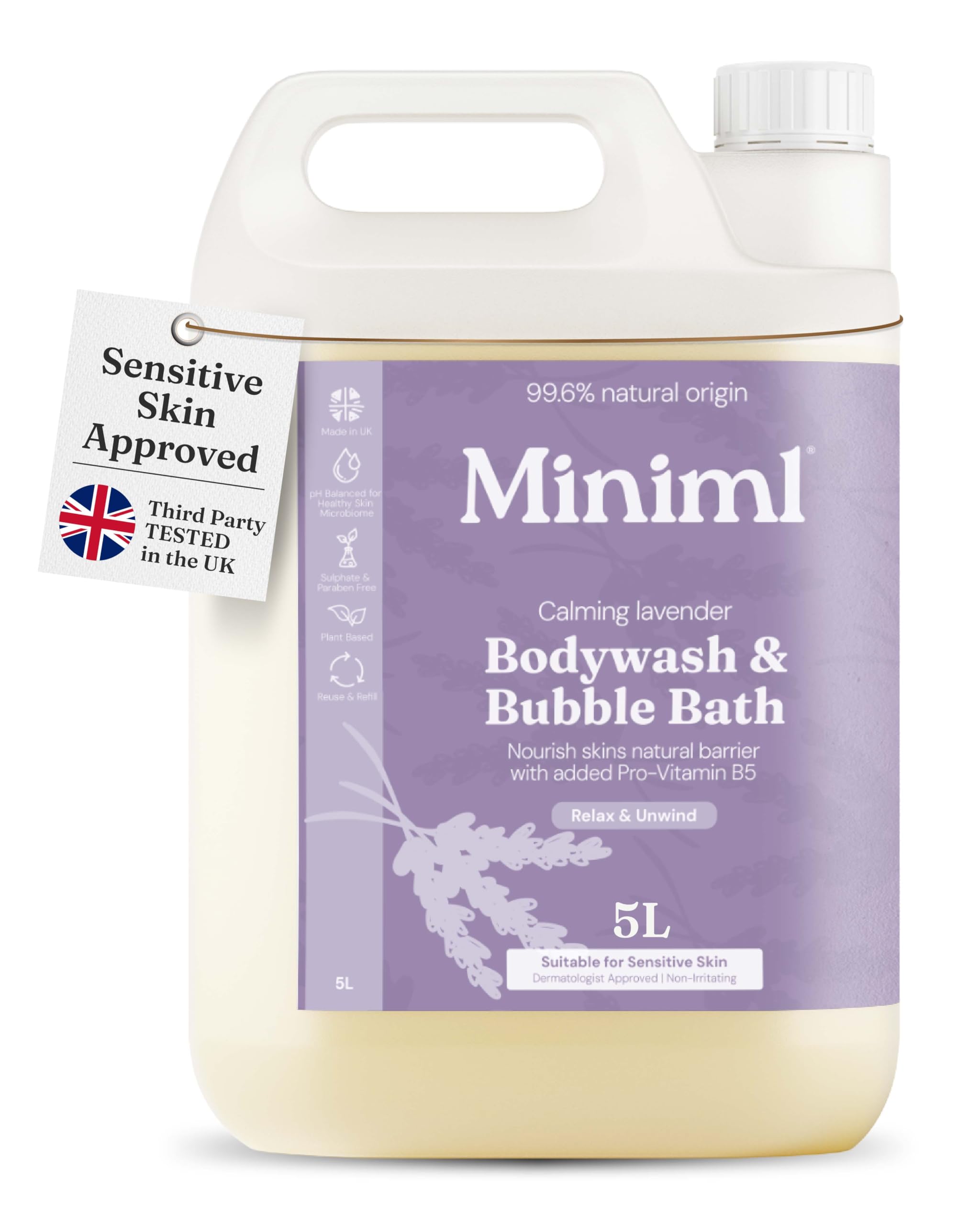 Miniml Natural Eco Body Wash and Bubble Bath – 5L Refill Lavender and Chamomile - For all skin types - Hypoallergenic Dermatologically Tested - Sulphate & Paraben Free, Vegan & Cruelty Free