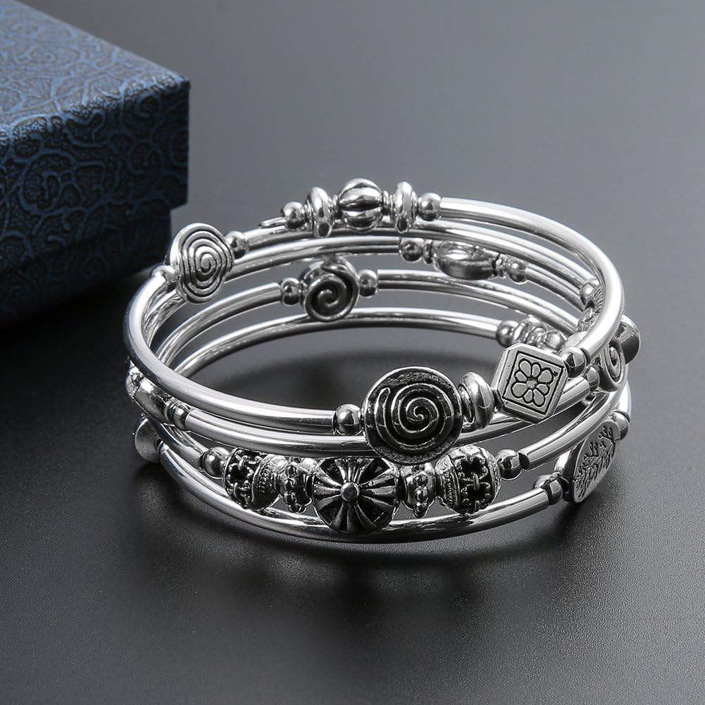 Beaded Pearl Bangle Wrap Bracelet - Fashion Bohemian Jewelry Multilayer Charm Bracelet with Thick Silver Metal Beads, Gift For Women - Image 4