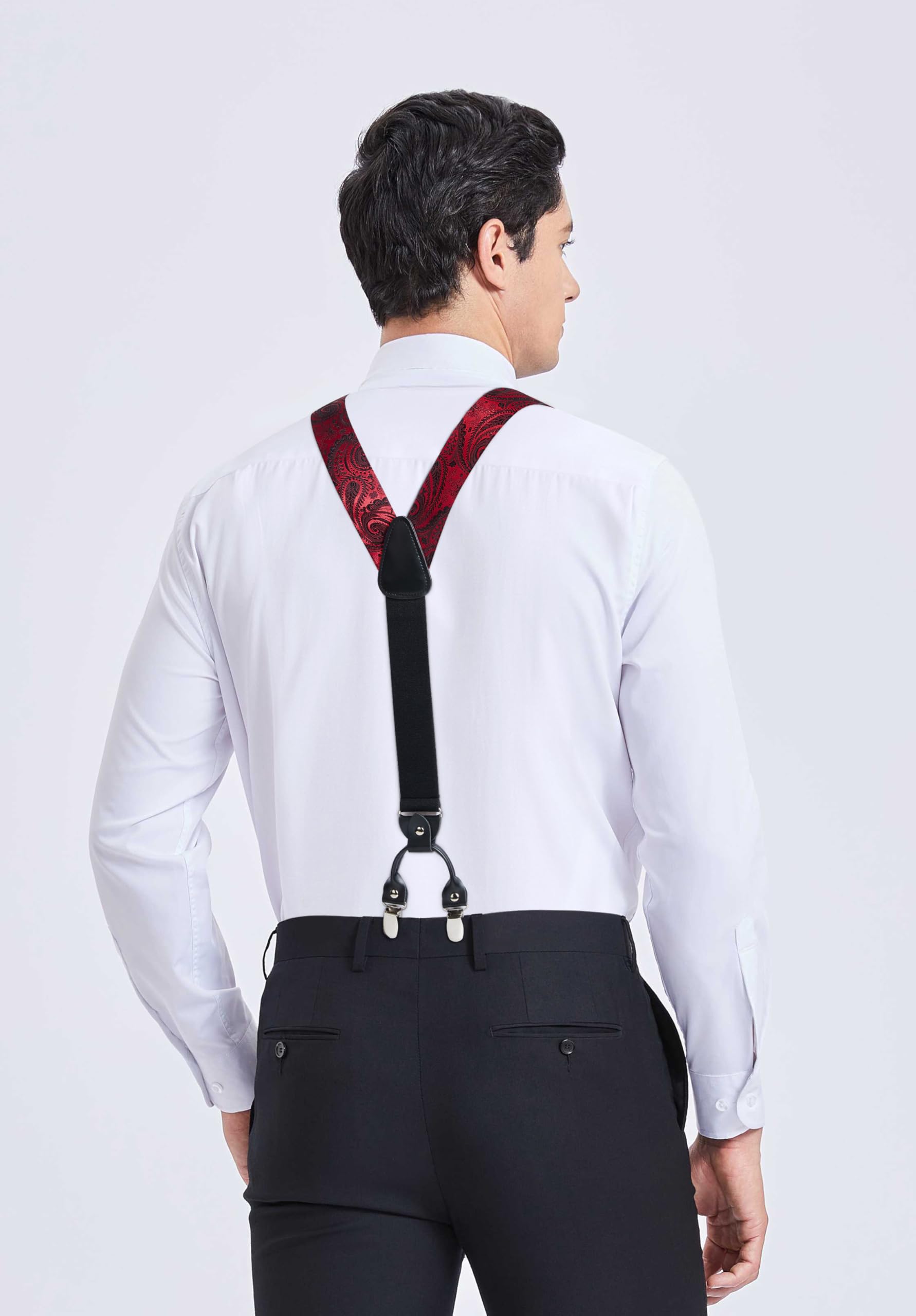 HISDERN Bretelles pour Hommes avec de tres fortes 6 Clips Heavy Duty Y Suspenders Style Reglable Jarretelle Papillon Mouchoir Set