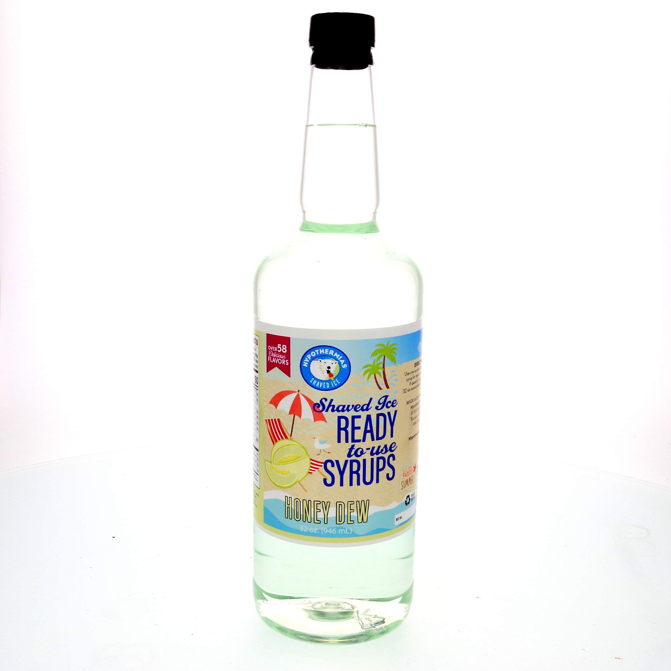 Hypothermias Hawaiian Snow Cone Syrup, Shaved Ice Flavor - Quart (32 Fl. Oz) - Honey Dew - Non-GMO 100% Pure Cane Sugar, BPA-Free Plastic Bottle,