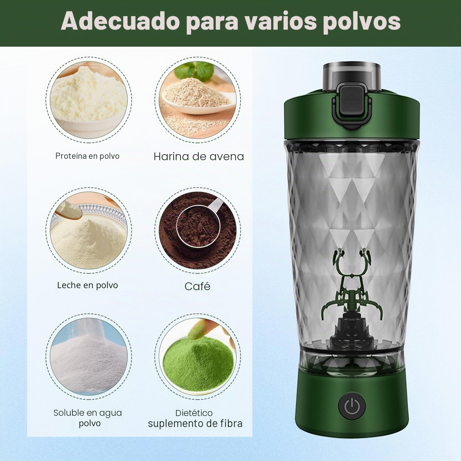 MeYuxg Coctelera eléctrica de proteínas, 650 ml, inalámbrico, con función de mezcla, vaso mezclador automático con depósito de polvo y cepillo de limpieza, para deportes, fitness y viajes verde