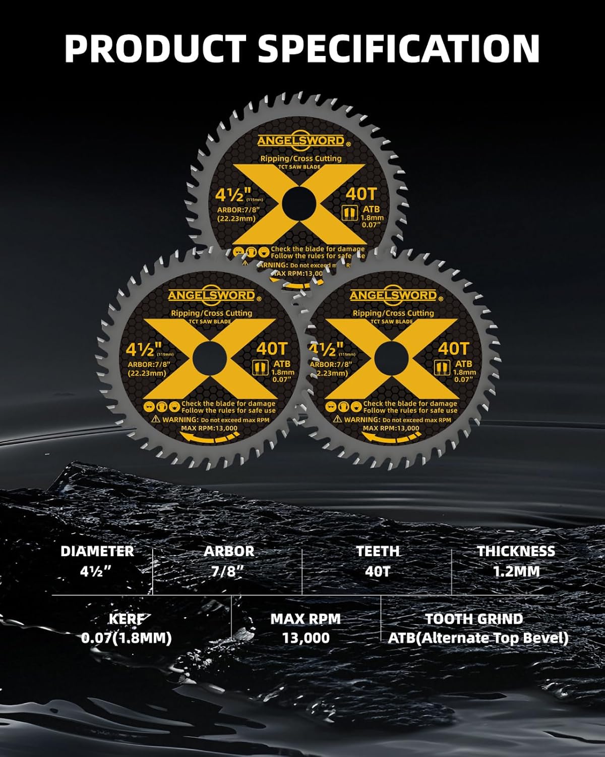 ANGELSWORD 4-1/2 Inch Circular Saw Blade,7/8" Arbor 40T, Used on Angle Grinder for Ripping, Cross Wood Cutting, 3 Pack, with 3/8"&5/8" Bushing
