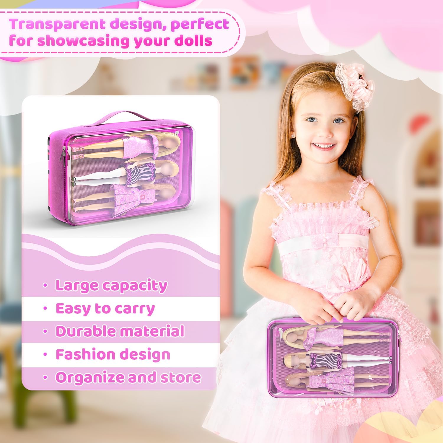 Carrying Case Compatible with Barbie Dolls 12-Inch,Case to Hold Dolls and Clothes, Much Pocket for Doll’s Clothes, Accessories, Fits 6 Dolls & Accessories,Bag Only (5-transparent)