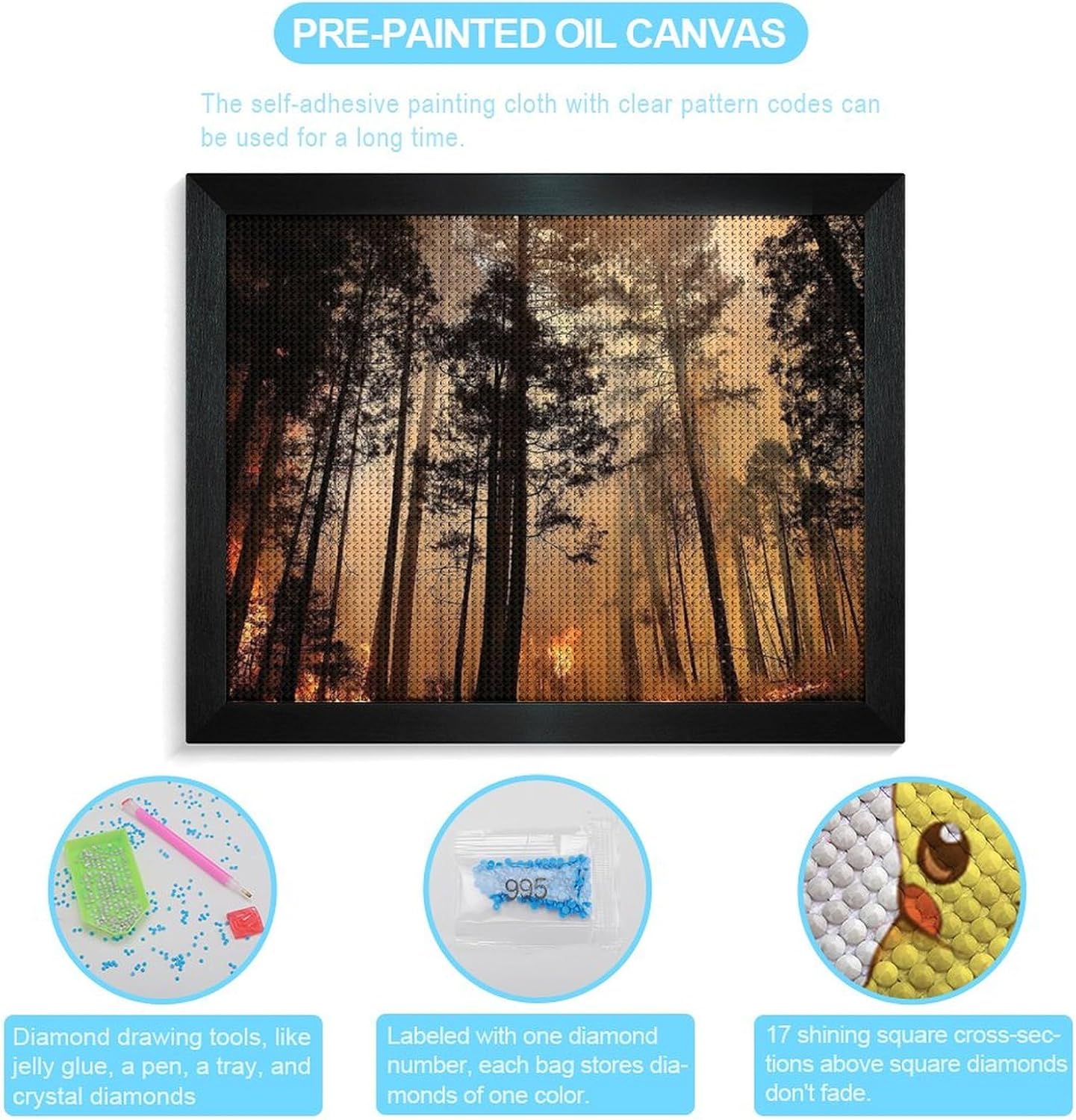 Forest Fire Pattern Printed Diamond 5D Painting Kit 16x20in DIY Full Drill Craft with Tools for Home Wall Decor Gift Blackwood 50 * 40cm