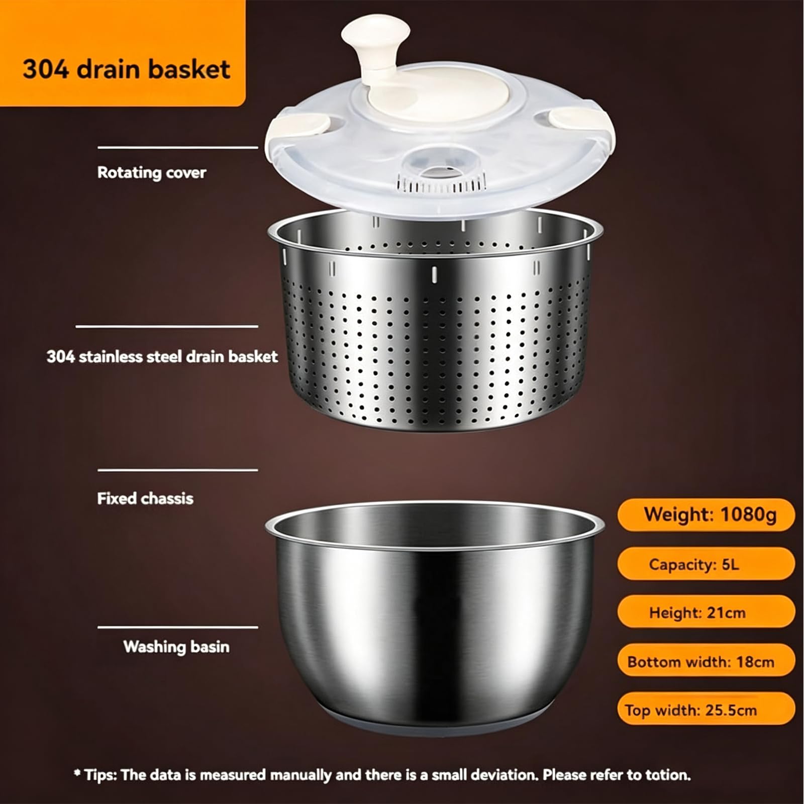 Lnfxkvva Centrifugador de ensalada de acero inoxidable de 6 l, con tapa de polipropileno, para fruta, pasta y patatas fritas