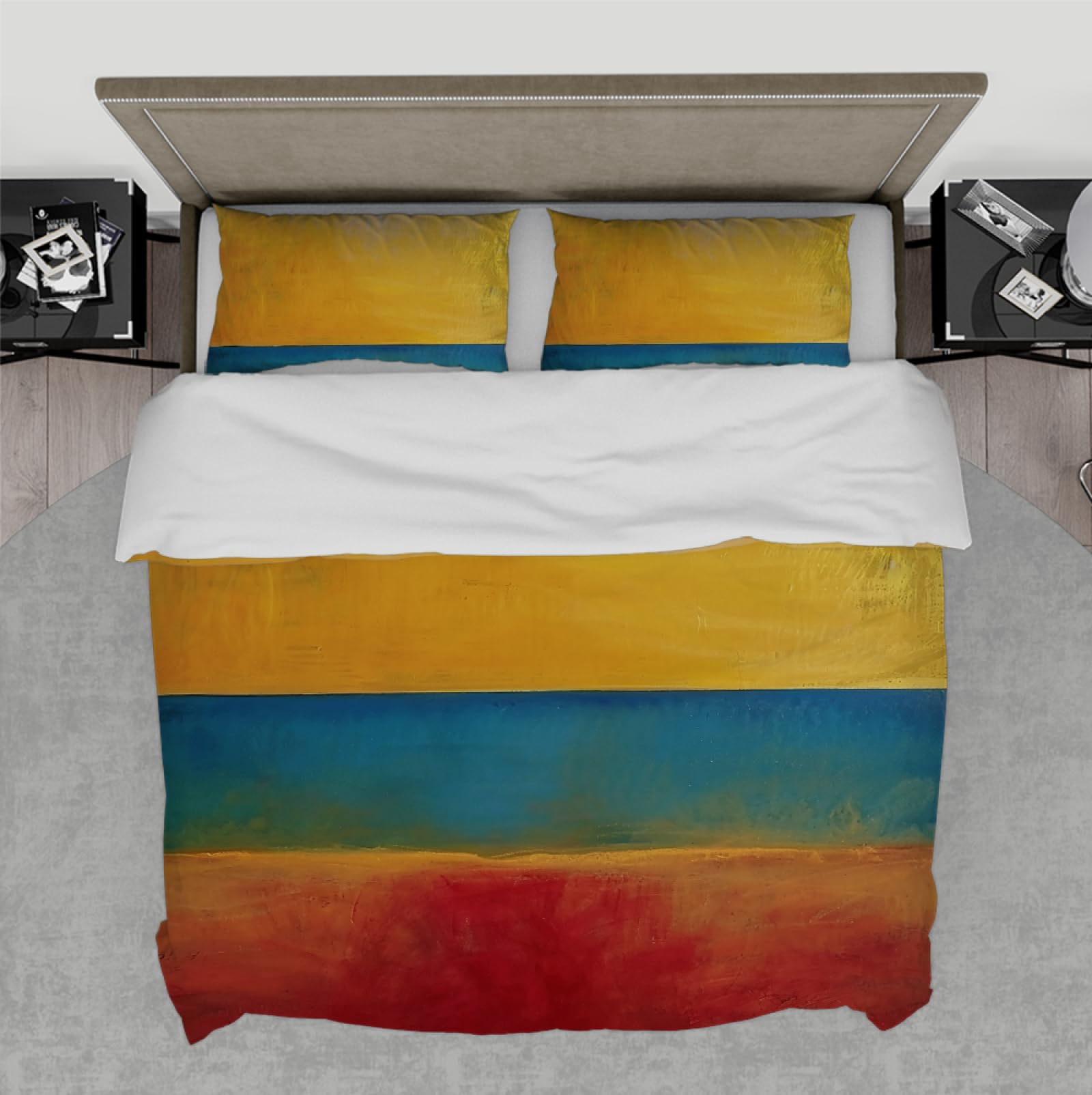 Parure de lit jaune bleu rouge en tissu haut de gamme avec taies