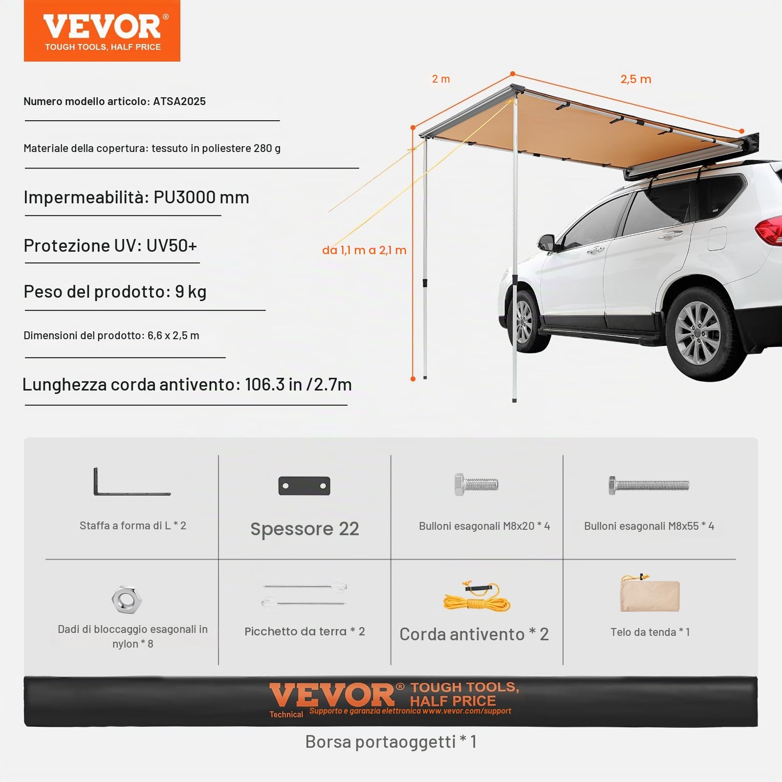 VEVOR Tendalino Laterale Retrattile 2x2,5 m Impermeabile UV50+ PU3000 per Auto Camper SUV