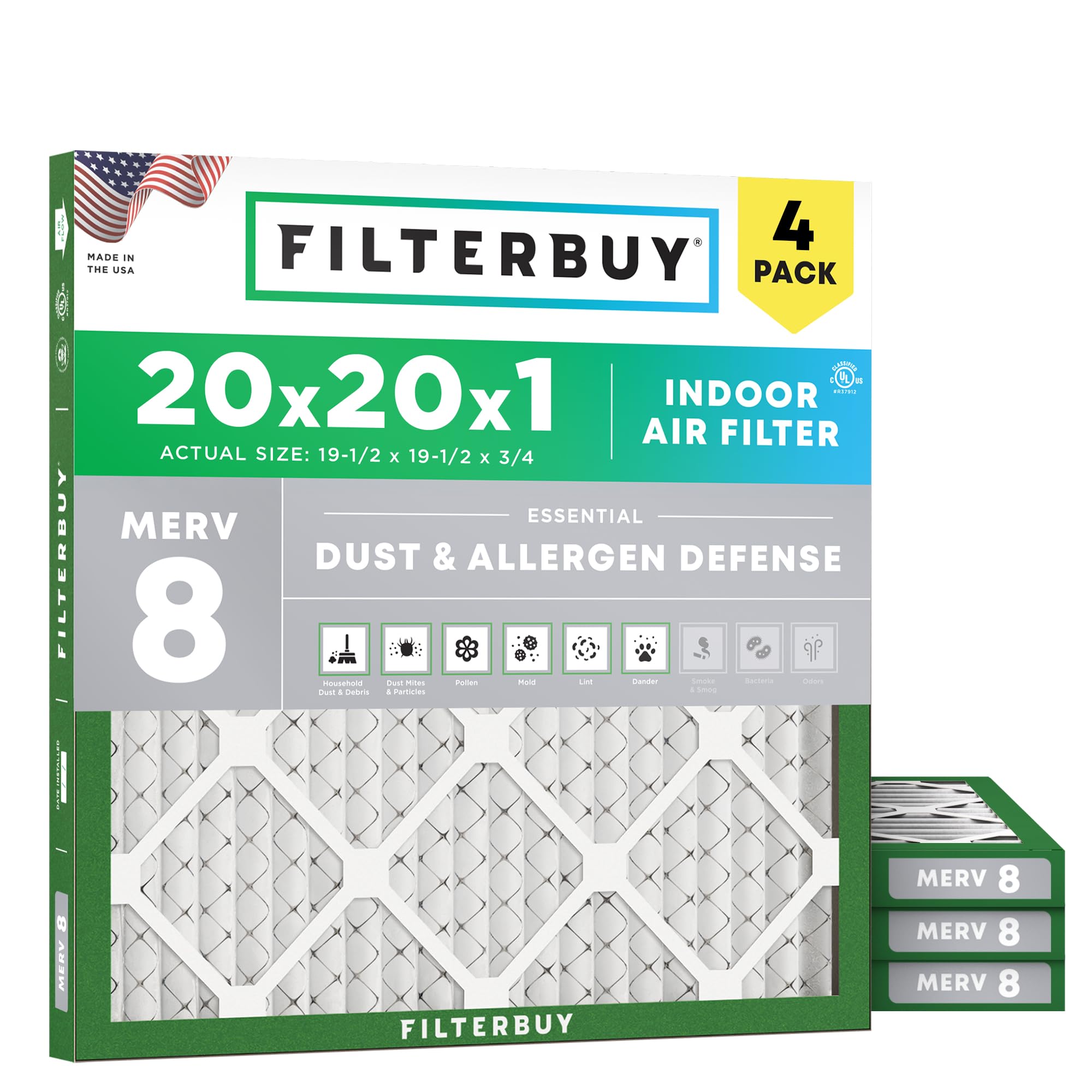 Filterbuy 20x20x1 Air Filter MERV 8 Dust & Allergy Defense (4-Pack) | Electrostatic Pleated HVAC AC Furnace Filters Replacement, Made in USA (Actual Size: 19.50 x 19.50 x 0.75)