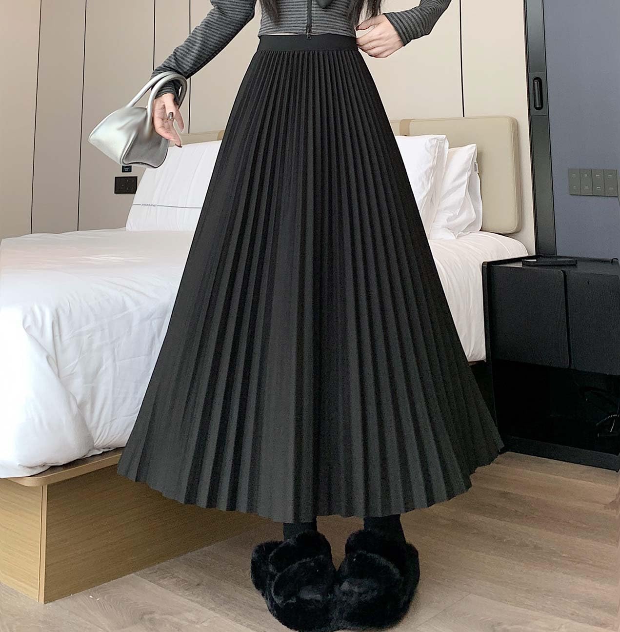 Maxi gonna a pieghe da donna autunno inverno a vita alta elastica A-Line gonne lunghe per le donne alla moda caviglia taglie forti