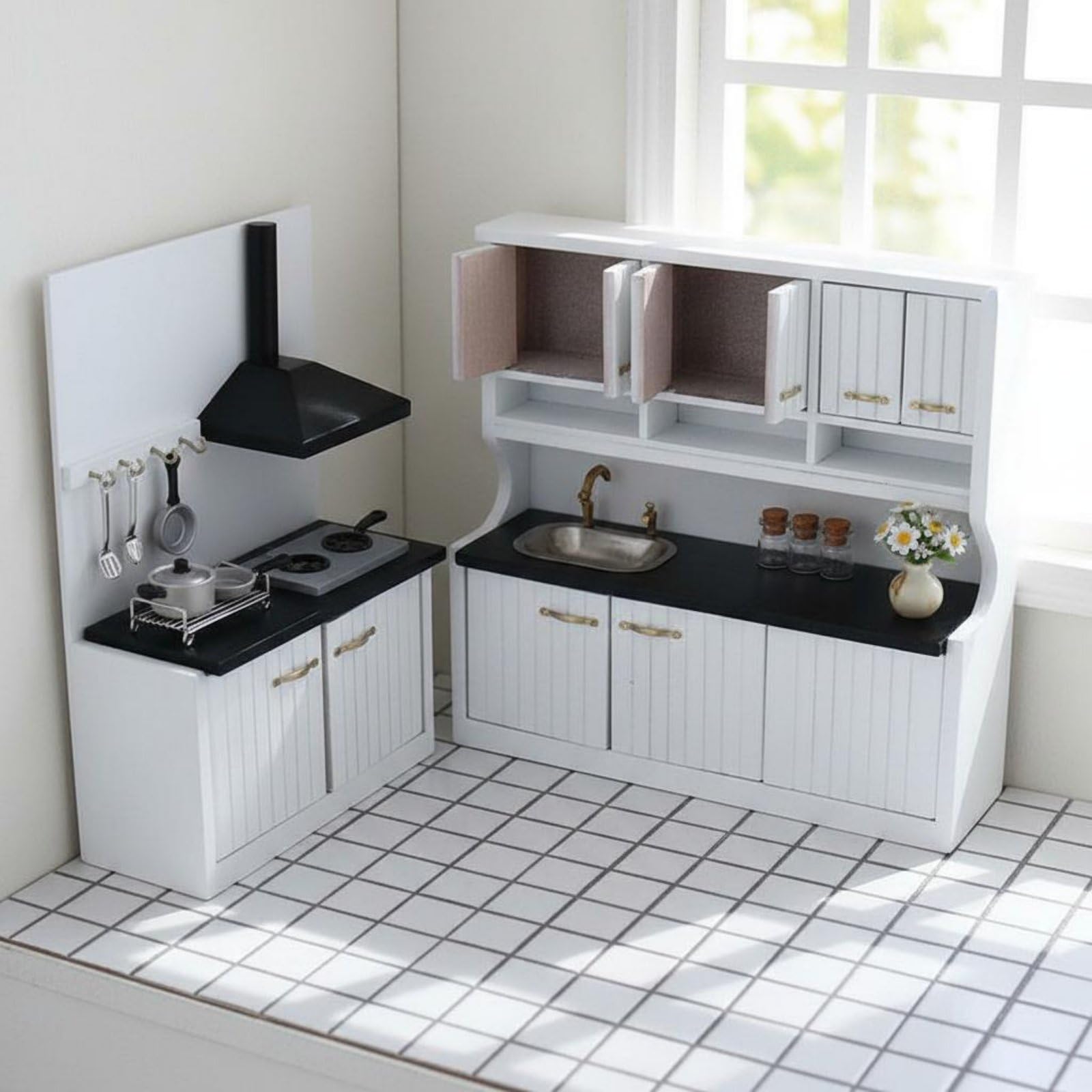 Mini Cucina Armadio Mobile Pensile Piano Cottura Cappa Arredamento Mini per Casetta 1 12 in Legno con Sportelli Apribili E Maniglie Adatta per