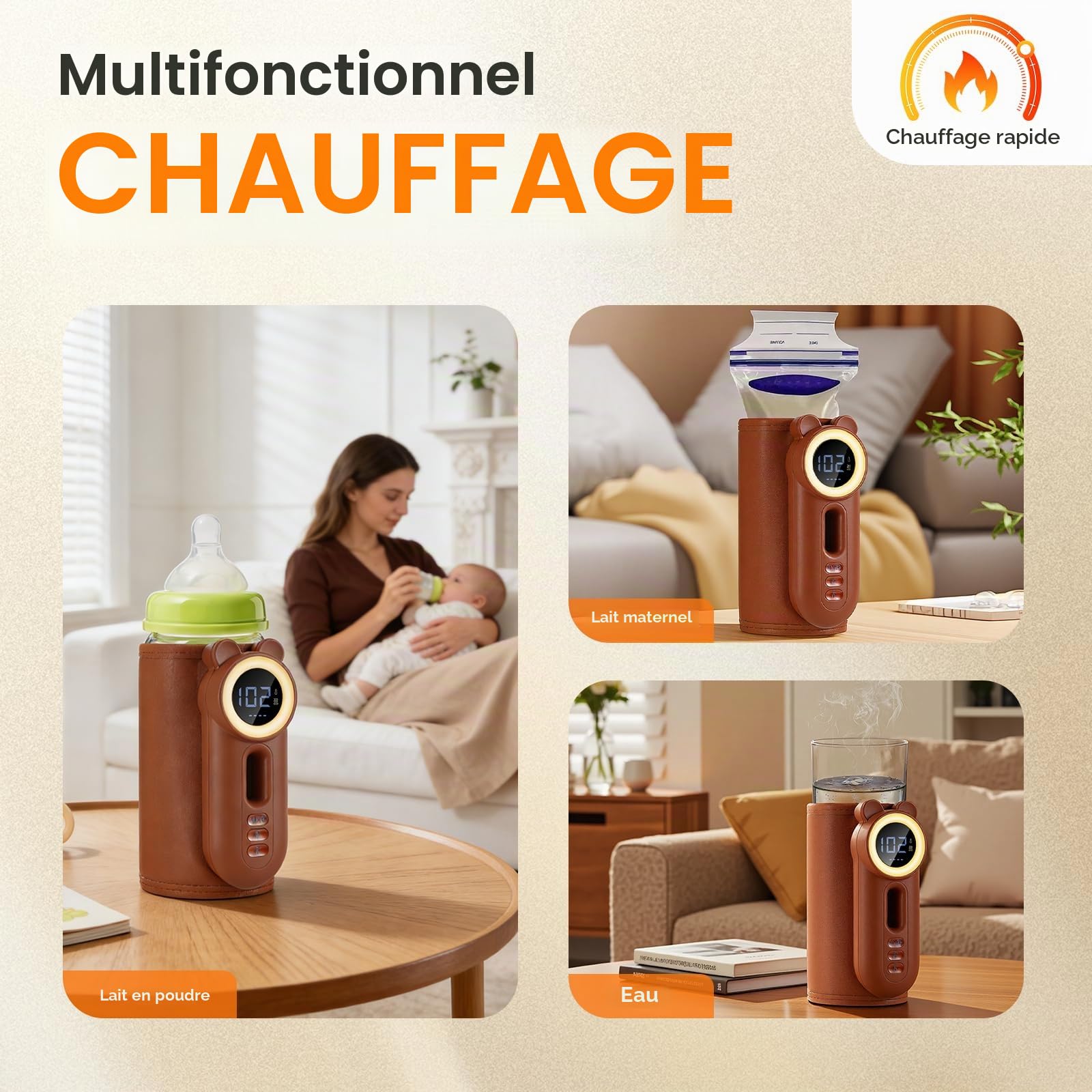 Chauffe Biberon Nomade Portable 10400mAh Chauffe de Lait 11 Niveaux de Température 35-55℃ Chauffe-biberon Sans Fil Réchauffeur de Biberon avec Écran LCD et Lumière pour Maison Extérieur Voyage