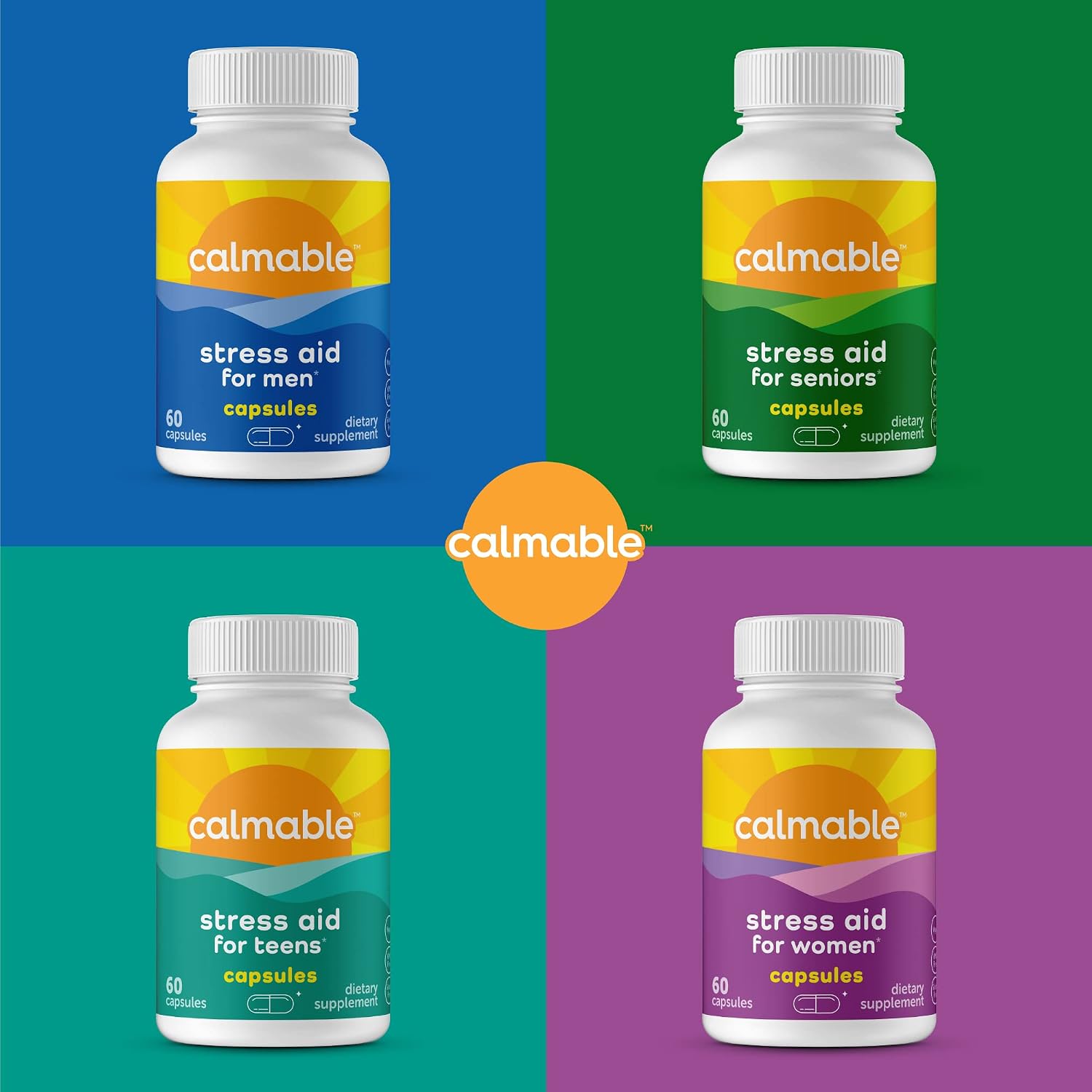Calmable Stress Relief Aid Plus Sleep Support - De-Stress, Relax and Sleep Better - Vegan - with Melatonin, Ashwagandha and L Theanine - Anti Stress Support Vitamin Dietary Supplement - 60 Capsules