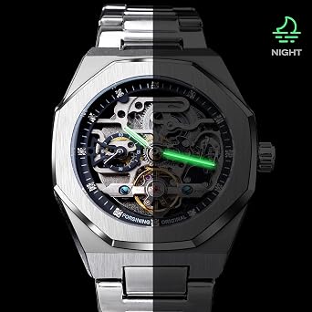 Tourbillon Design Men's Analog Automatic Wrist Watch Mechanical Stainless Steel Bracelet Skeleton Male Watch, Silver Black