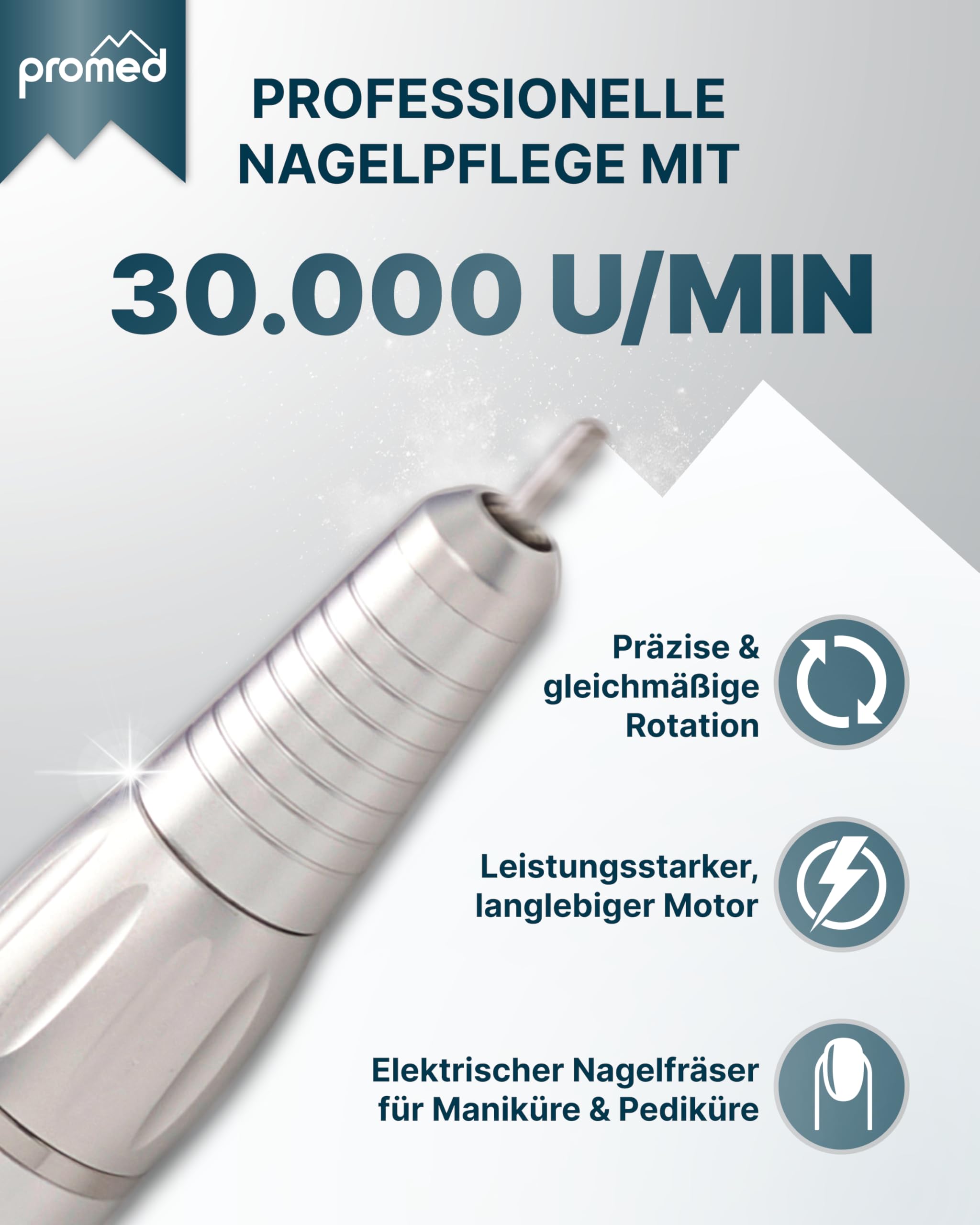 Promed the file 1130 elektrische Nagelfeile, Professioneller Nagelfräser inkl.18-teiligem Profizubehör für Nailart/Nageldesign, elektrisches Nagelfräser-Set für Maniküre/Pediküre, 30000 U/min