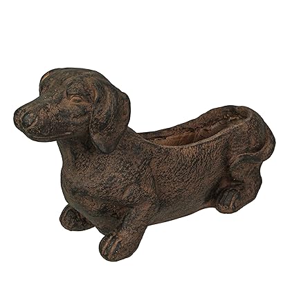 Resin Distressed Rustic Brown Finish Dachshund Dog Indoor Outdoor Planter Plant Pot