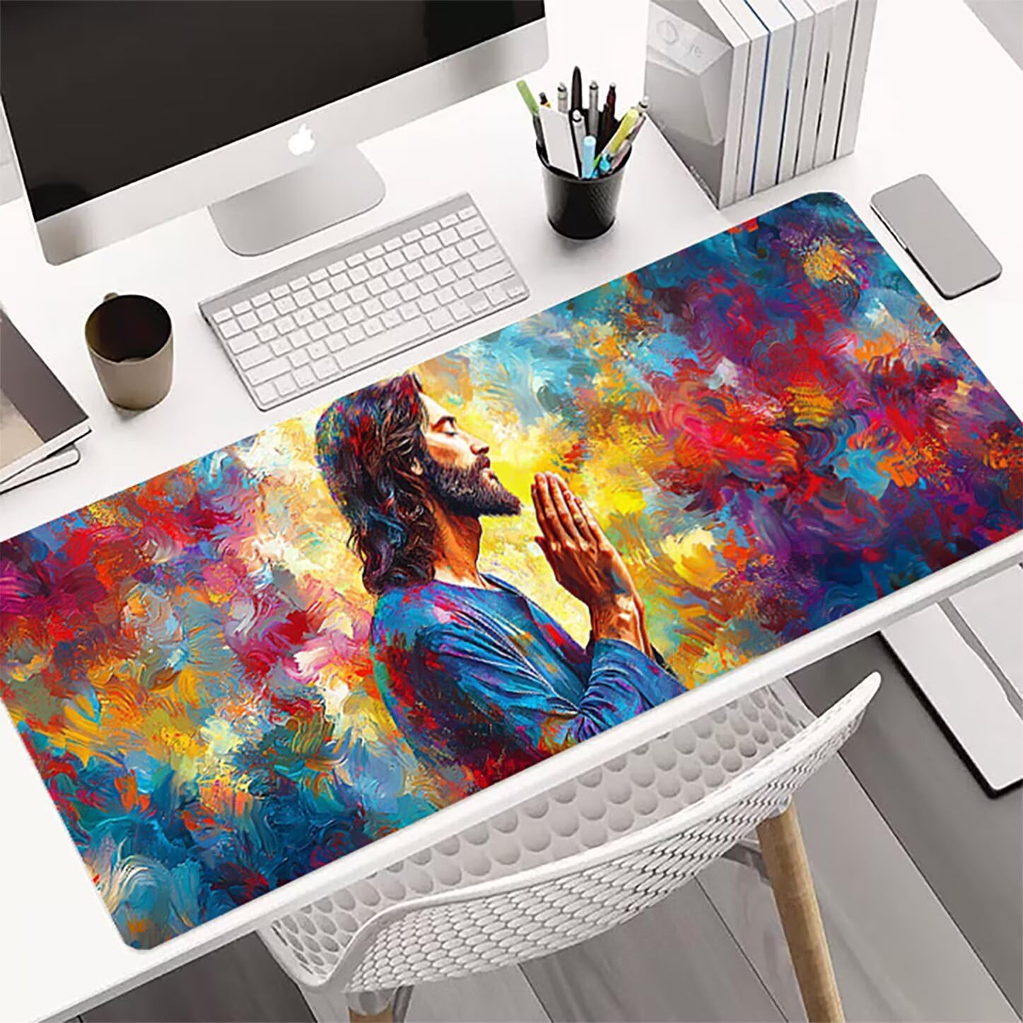 Lpfieonn Religion Schreibtischunterlage XXL, Gelb Schreibtischunterlagen Großes, Gaming Mousepad XXL mit ernähter Rand und Rutschfeste Gummibasis, Desk Mat für PC/Laptop/Mausa 120x60cm PF-3298