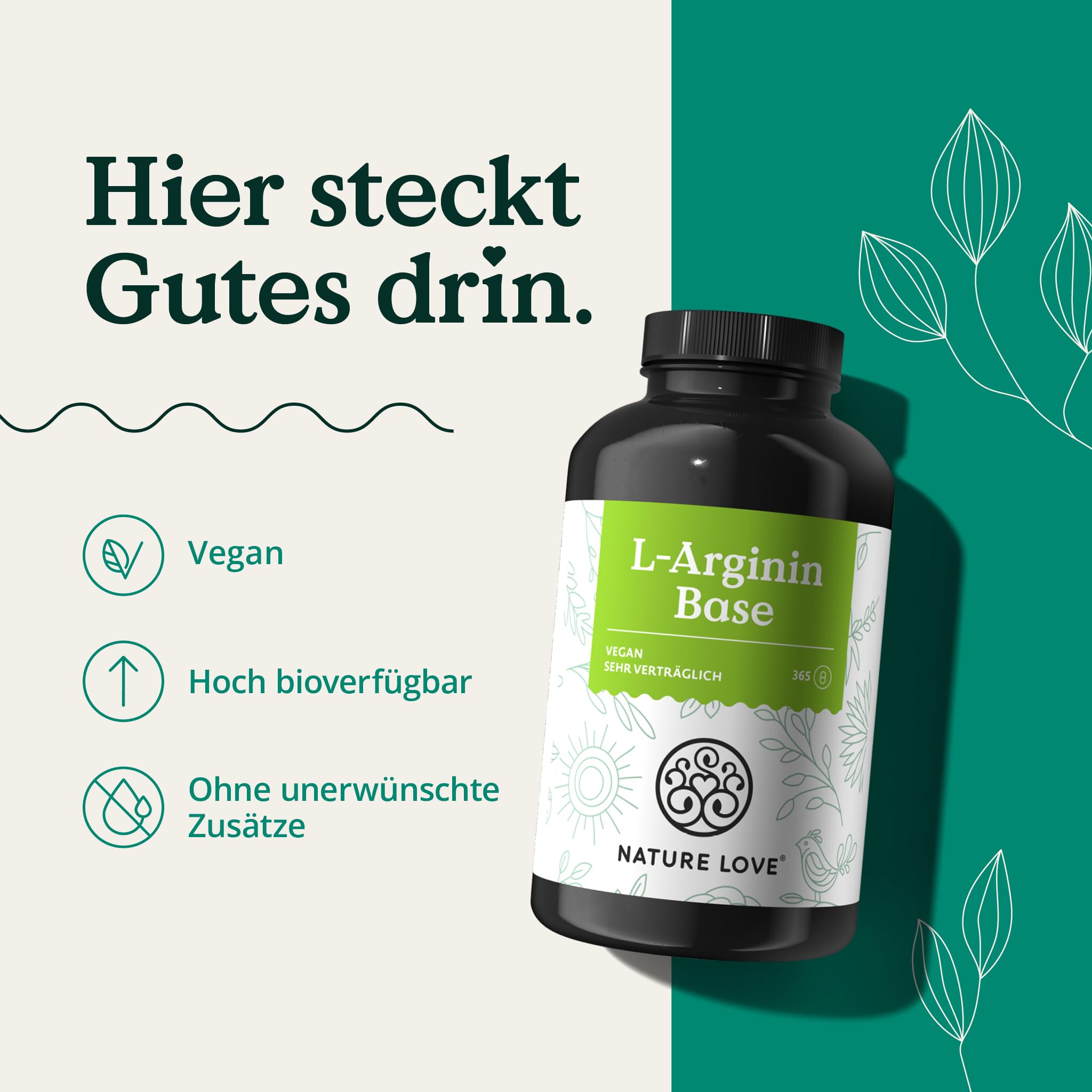 NATURE LOVE® L-Arginin Base mit Citrullin - 365 Kapseln - Hochwertiges pflanzliches Arginin in BASE Form mit 99,7+% Reinheit - Hochdosiert, vegan, in Deutschland produziert