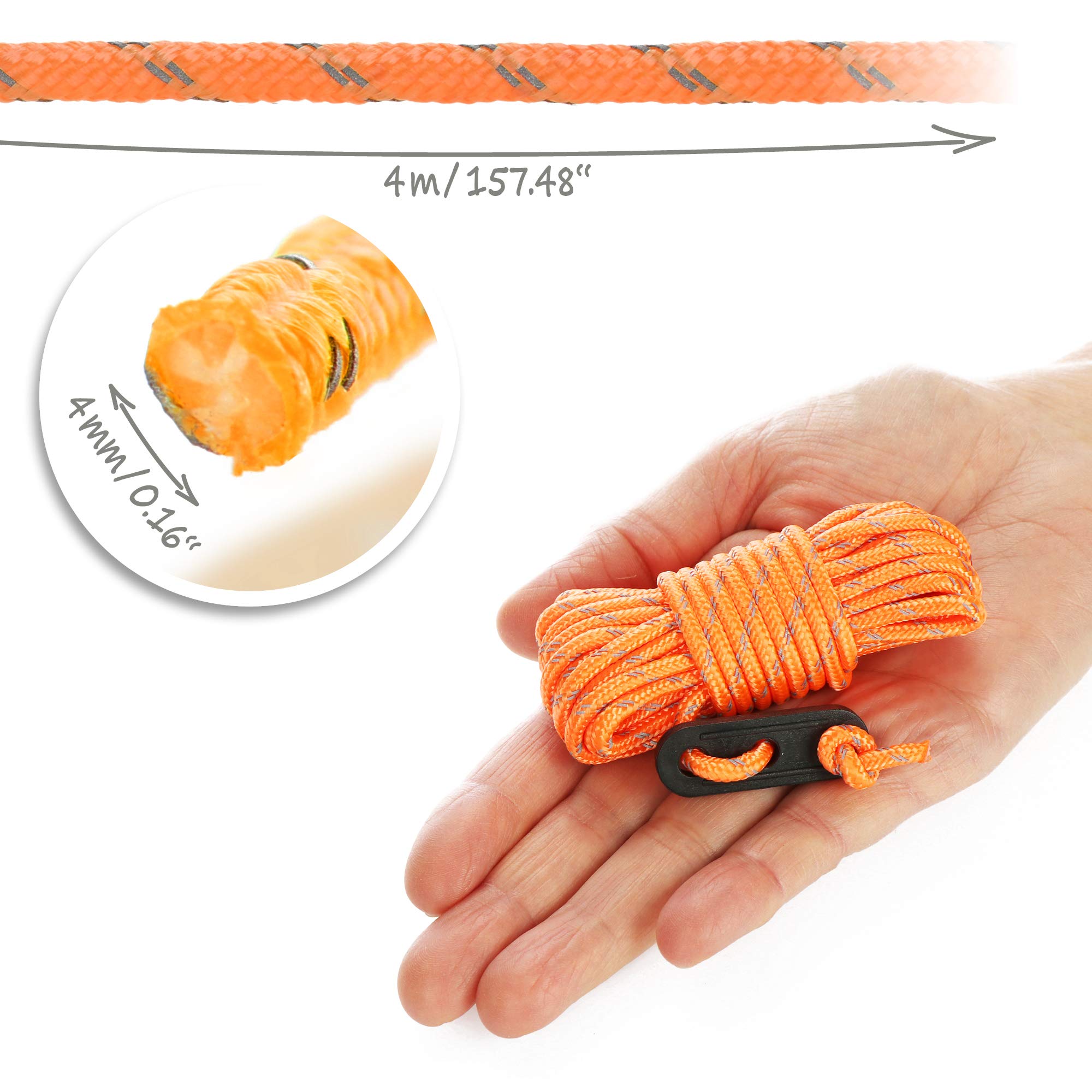 COM-FOUR® 8x linka odciagowa po 4 m do kempingu odblaskowa w kolorze pomaranczowym - sznurek namiotowy z klamra odciagowa - sznurek napinajacy - sznurek kempingowy - napinacz liny - lina namiotowa