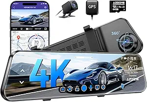 AZDOME PG17 12 4K Mirror Dash Cam Front and Rear, Wi-Fi 6 Rear View Mirror Camera with 64GB Card, Voice Control Dash Camera for Car, Rearview Mirror Camera with GPS Night Vision Parking Assistance
