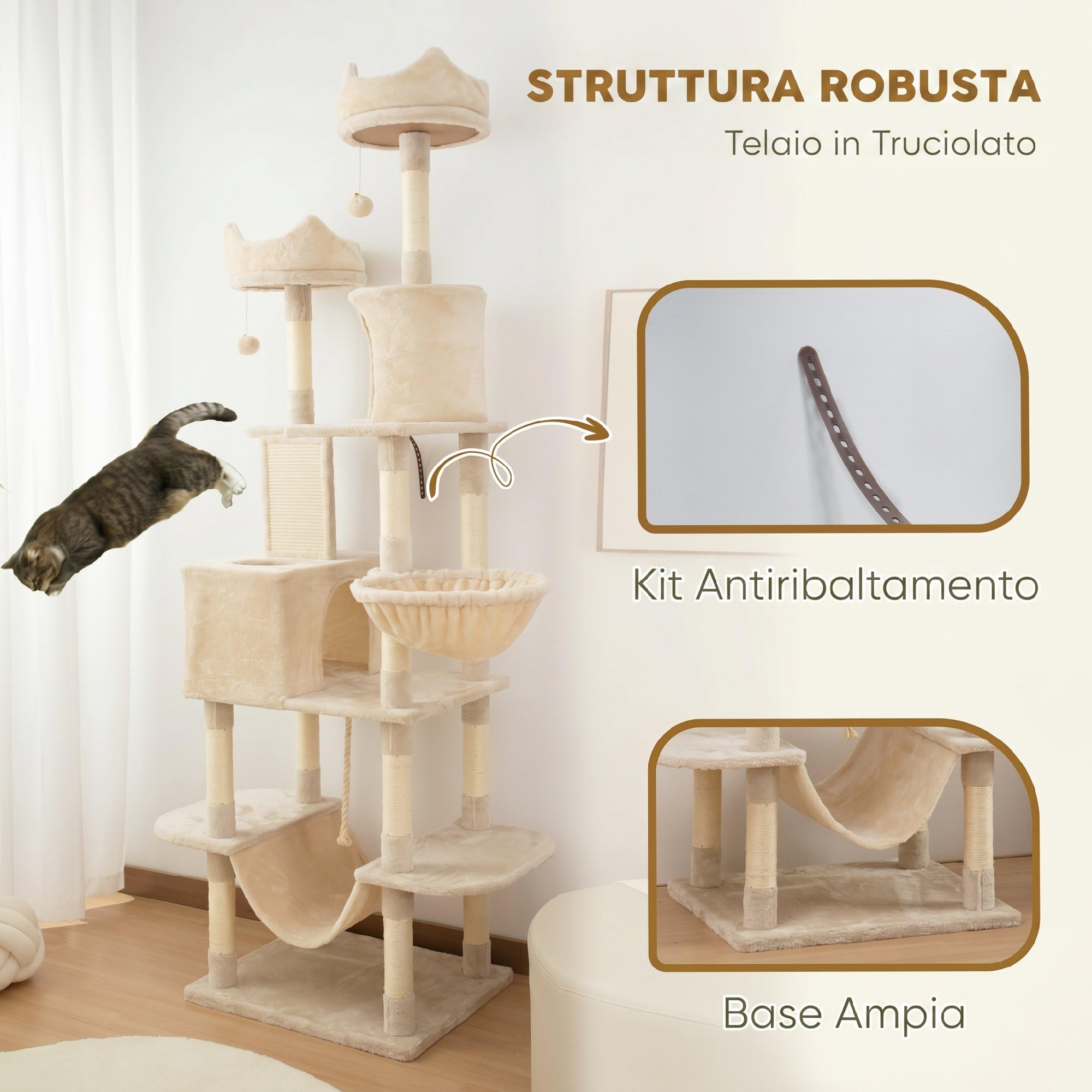 PawHut Tiragraffi per Gatti 206cm con 4 Pali Graffiatoi, Beige