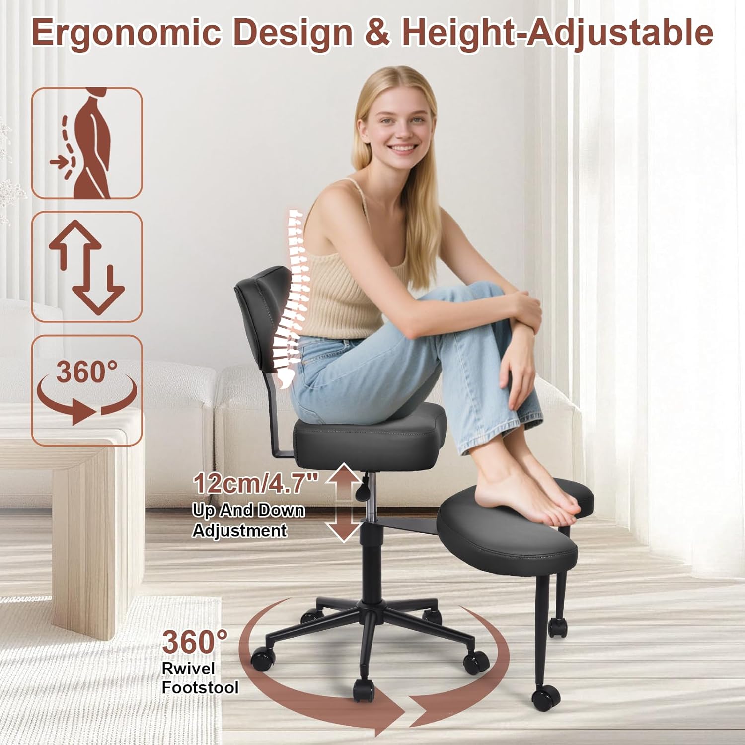 Meditation Chair, Cross Legged ADHD Office Chair for Adults with Wheels Ergonomic Back Support and Leg Rest for Multi Position Criss Cross Sitting Kneeling and Yoga Height Adjustable, Leather Style