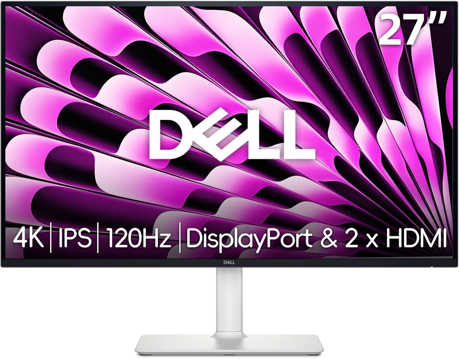 Dell 27 inch Monitor, 4K (3840 x 2160) - 120Hz Refresh Rate 1500:1 Contrast Ratio, AMD FreeSync - VESA, Integrated Speaker, Height/Tilt/Pivot/Swivel Adjustability, DisplayPort & 2 x HDMI, White