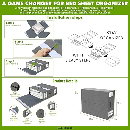 Miniatura 7 de WDZREE Paquete de 4 organizadores de sábanas y almacenamiento (tamaño Queen y King), caja de almacenamiento plegable para juego de funda de edredón,