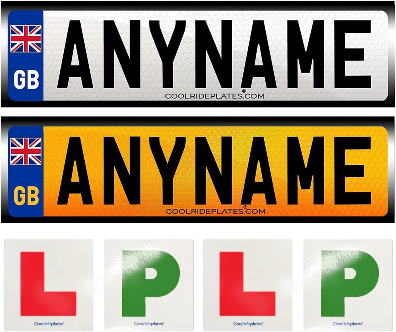 Coolrideplates Personalised Easy to Apply 15cm x 4cm Self-adhesive Number Plate Stickers PLUS Mini 4.5cm 'L' Plates and 'P' Plates for Children's Ride On 12v Cars, Bikes and Scooters (Pack of 6)