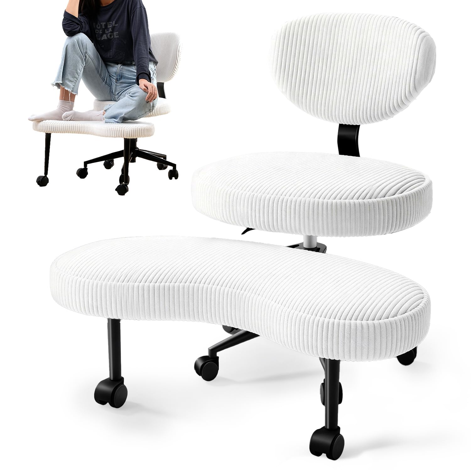 Kniestuhl mit gekreuzten Beinen, ergonomischer Schreibtischstuhl mit Verstellbarer Höhe, Meditationsstuhl für ADHS-Betroffene, gepolsterter Computerstuhl für Zuhause/Büro, Cordweiß