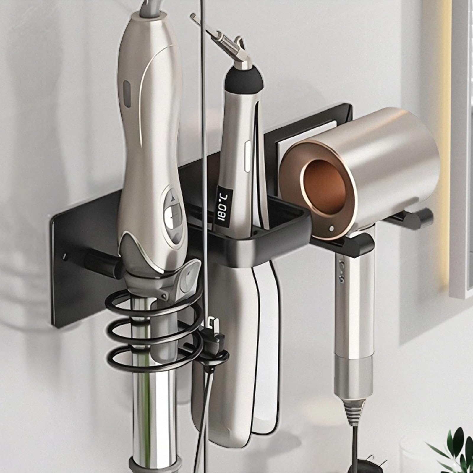 Hair Dryer Holder Wall Mounted,Blow Dryer, Curling Iron, Straightener Holder 3 in 1 Bathroom Metal Hair Tool Organizer Rack-BLACK-2-image-31