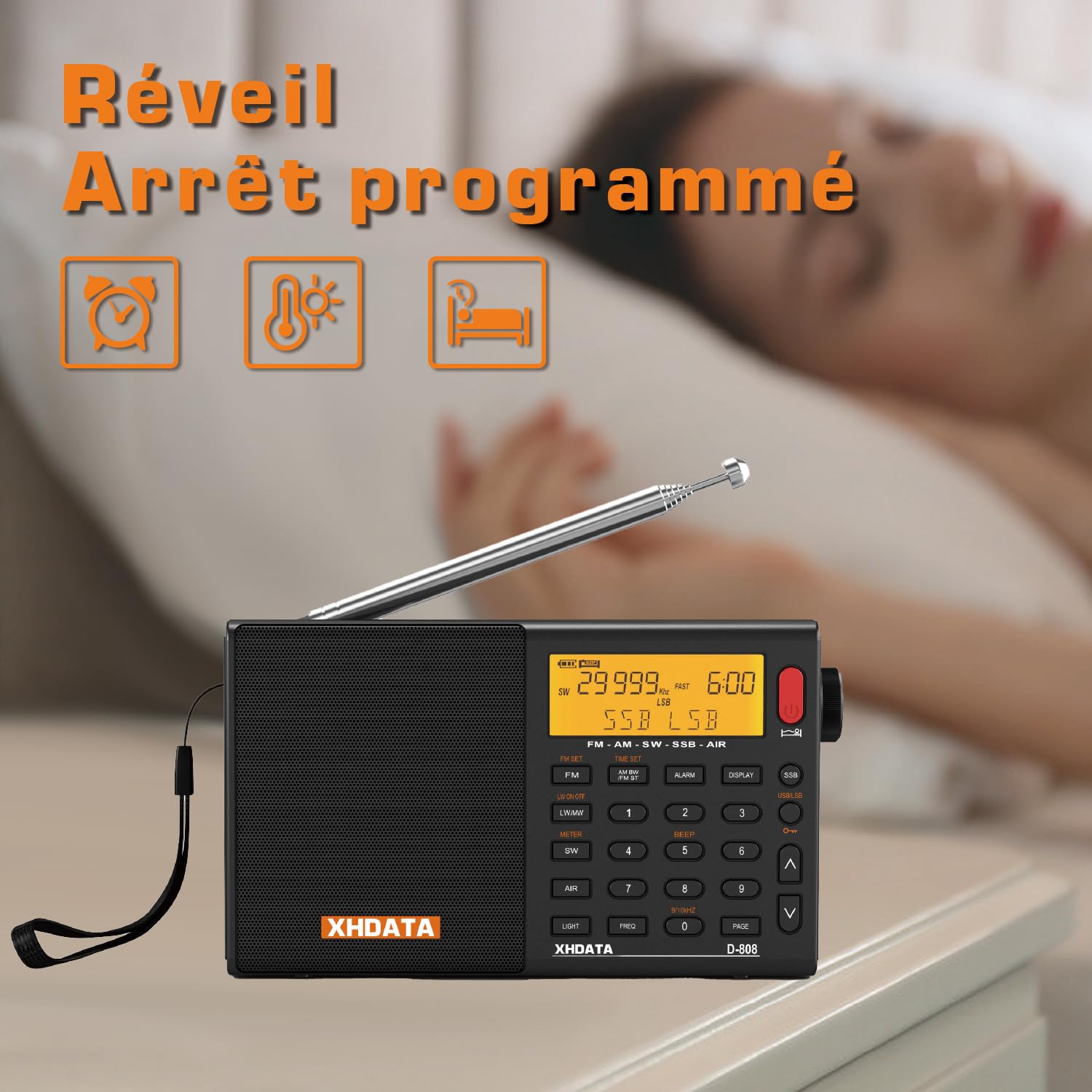 XHDATA D-808 Ondes Courtes Radio Portable, Poste Radio FM/SW/MW/LW SSB Air Band World Receiver, RDS, Radio a Pile Rechargeable, avec Antenne Externe (Noir)