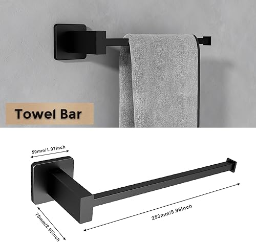 Miniatura 3 de Toalleros para baño, juego de 4 piezas de accesorios de baño negro mate SUS304 de acero inoxidable montado en la pared, incluye toallero individual