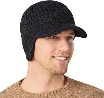 Mens Winter Visor Hat Beanie Hat with Earflaps - Short Brim Knitted Baseball Cap Outdoor Fleece Lined Skull Ski Cap